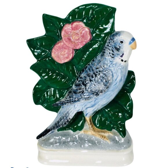Vintage 40' 50's Ceramic Budgerigar Bird with Leaves and Flowers Figurine